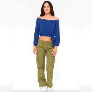 INC International Concepts Blue Boho Peasant Top with Rivets & Tie Cropped L